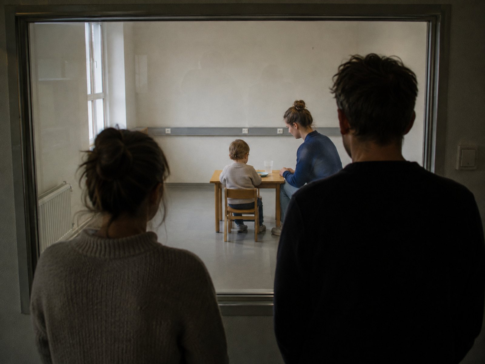 Twee ouders staan op de voorgrond in het donker en kijken door een groot raam naar een behandelkamer. Daar zit hun kind met zijn rug naar hen toe aan een tafeltje, met een begeleidster ernaast.
