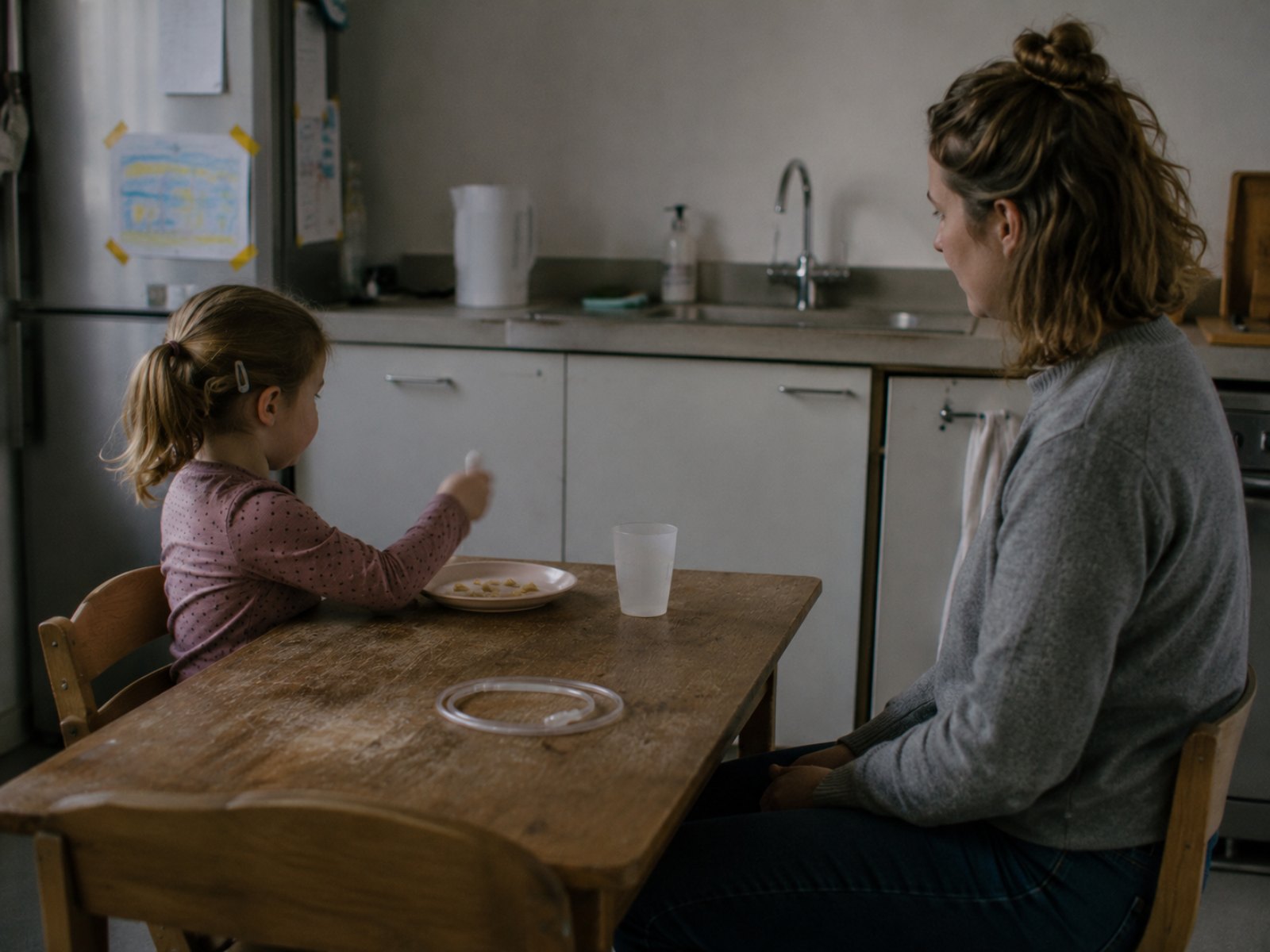 Een meisje van een jaar of drie houdt zelf een lepel vast boven een bordje met een paar stukjes eten. Haar moeder zit ernaast met haar handen in haar schoot en helpt niet mee. Op tafel ligt een opgerolde, ongebruikte sonde.
