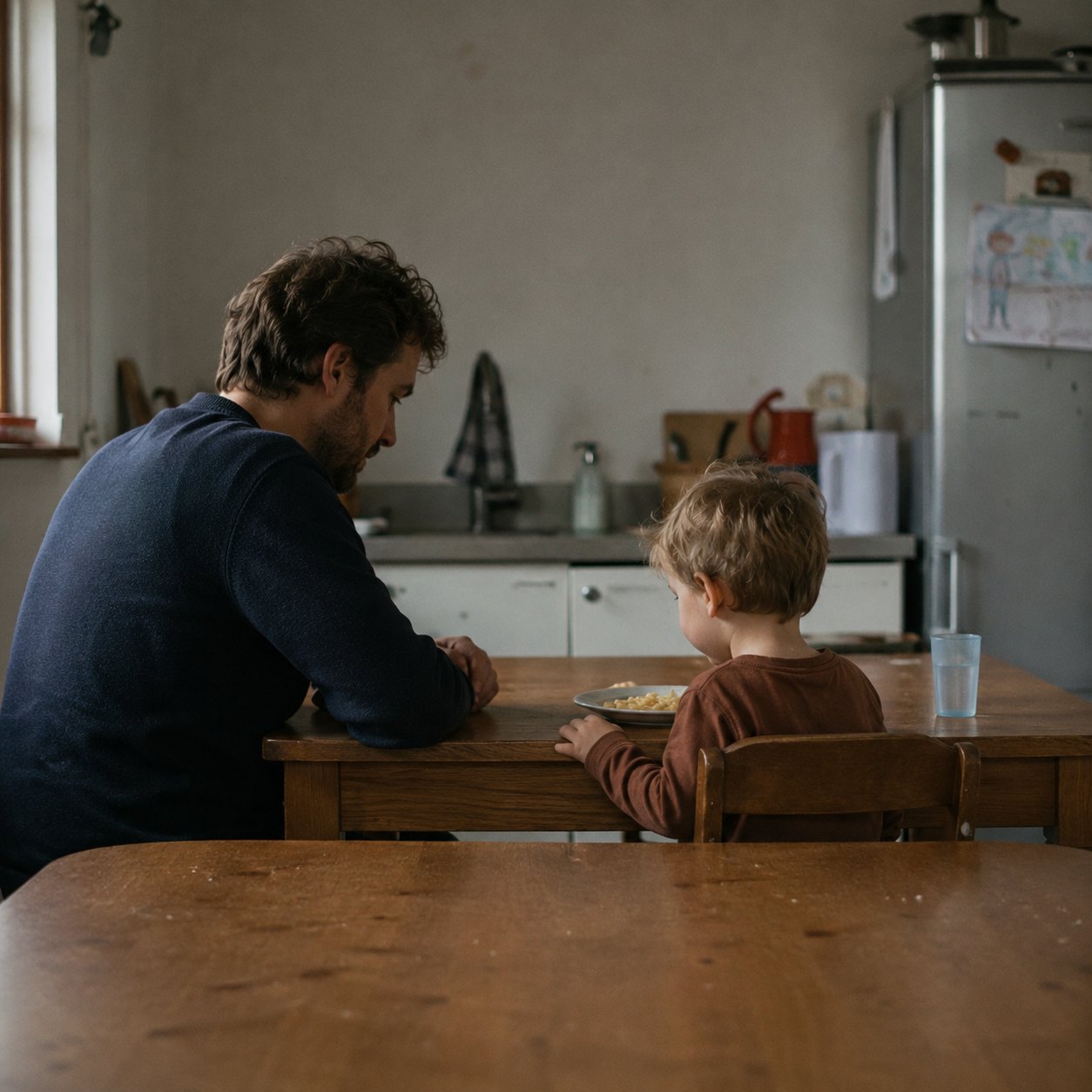 Een vader zit aan de keukentafel naast zijn zoon van drie. Voor het kind staat een bordje pasta waar niet van gegeten is. De vader dringt niet aan; hij zit er alleen bij.